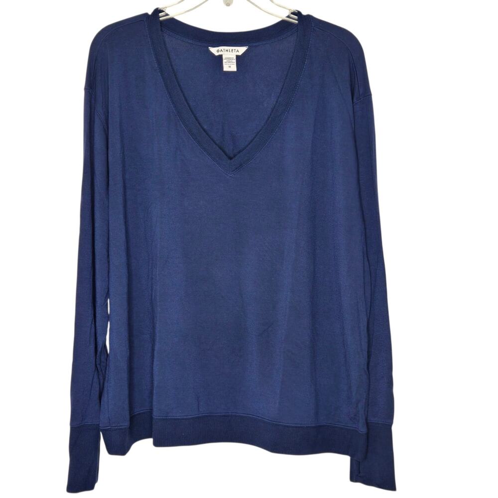 Athleta 1X Sunrise V-Neck Sweatshirt Blue Cozy Loungewear Thumb Holes Athleisure